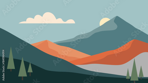 Minimalist Mountain Landscape with Trees and Sky.