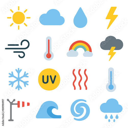 Weather Icons Illustration: A vibrant illustration showcases a collection of weather icons, depicting diverse elements like the sun, cloud, rain, and other meteorology related icons.