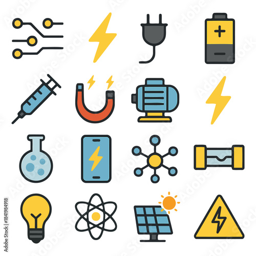 Iconic Energy Collection: A vibrant assortment of icons capturing the essence of electrical energy, innovation, and technological advancements. A visual feast for any design project.