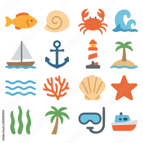 Ocean Life Icons: A vibrant collection of nautical and aquatic symbols, showcasing the beauty and diversity of ocean life, ready for visual storytelling.