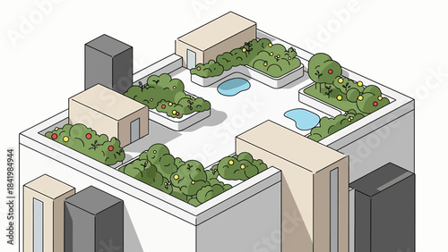 Isometric Rooftop Garden Oasis with Lush Greenery and Water Features.