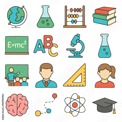 Education Icons: A set of colorful educational icons representing the various subjects and tools of learning. This image encapsulates the essence of education, knowledge, and intellectual growth.