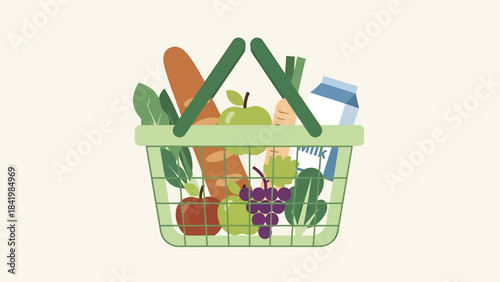 Basket overflowing with fresh produce and dairy products, promoting healthy eating.