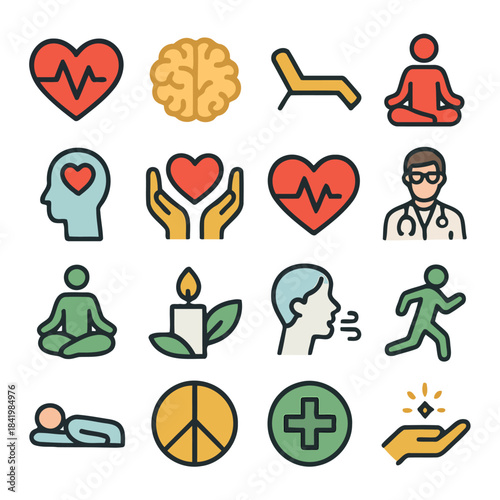 Well-being Icon Set: A collection of vibrant icons symbolizing various aspects of health, wellness, and mental equilibrium, designed to evoke a sense of peace, vitality, and balance.