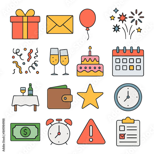 Celebration Icons Array: A collection of various festive icons, meticulously designed to add a touch of joy and celebration to any design or project.