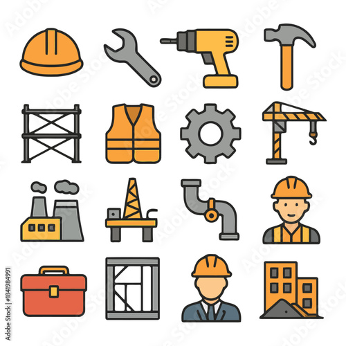 Construction Tools and Symbols: A set of iconic construction tools and symbols, meticulously arranged and presented with a modern aesthetic, representing the essence of industry.