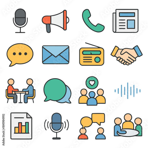 Communication Icons: A collection of various communication icons, each symbolizing a unique channel of information dissemination and dialogue. Showcasing the diverse ways individuals connect, share.