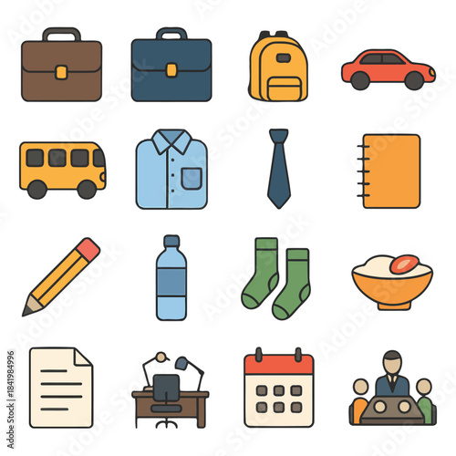 Essential Items Illustration: A curated illustration presents an array of essential items, meticulously depicted with vibrant colors and clean lines, perfect for conveying concepts related to school.