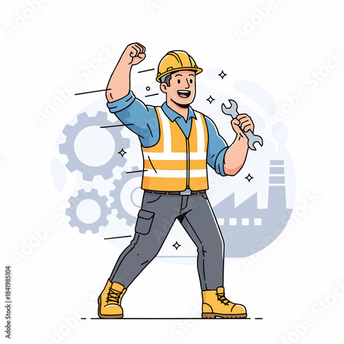 Triumphant Construction Worker with Wrench and Safety Vest