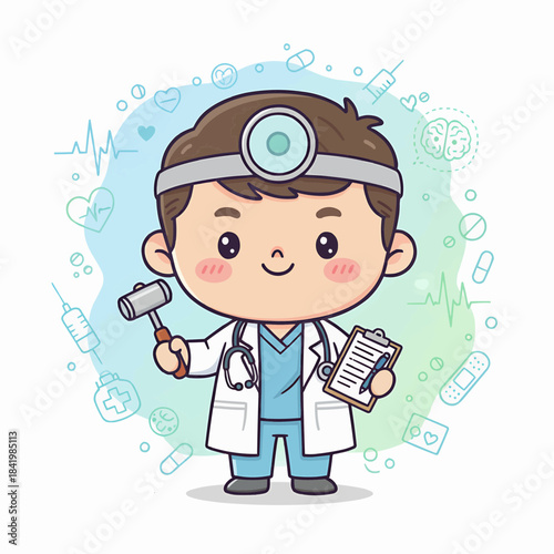 Chubby Cartoon Doctor with Reflex Hammer and Head Mirror
