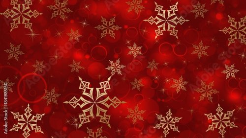Elegant Red Christmas Background Pattern with Gold Geometric Snowflakes and Glowing Bokeh