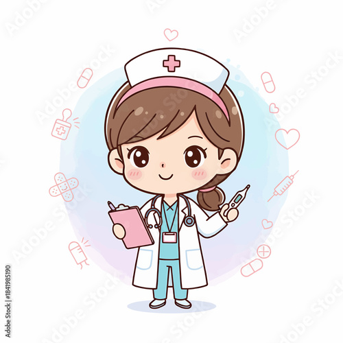 Cute Cartoon Nurse Holding Thermometer and Clipboard