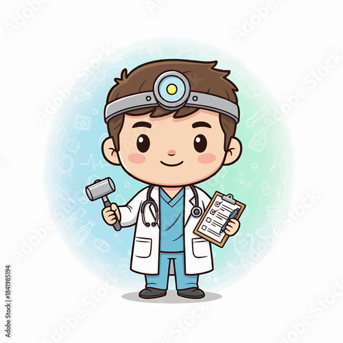 Cute Cartoon Doctor Holding Reflex Hammer and Clipboard
