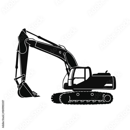 Black silhouette of an excavator construction machine isolated on white background.