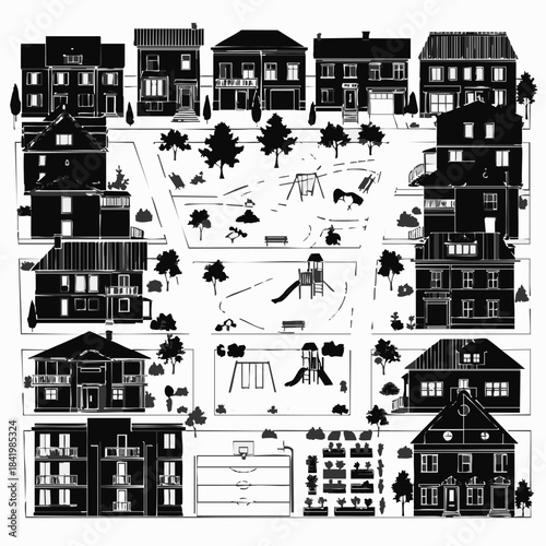 Black and white illustration of a neighborhood playground surrounded by houses and apartment buildings.