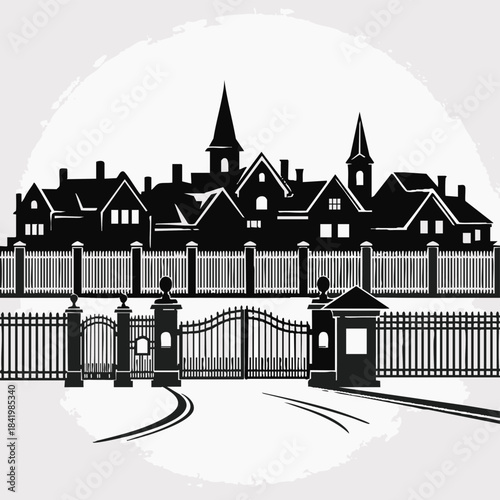 Silhouette of a gated residential neighborhood with houses and church steeples.