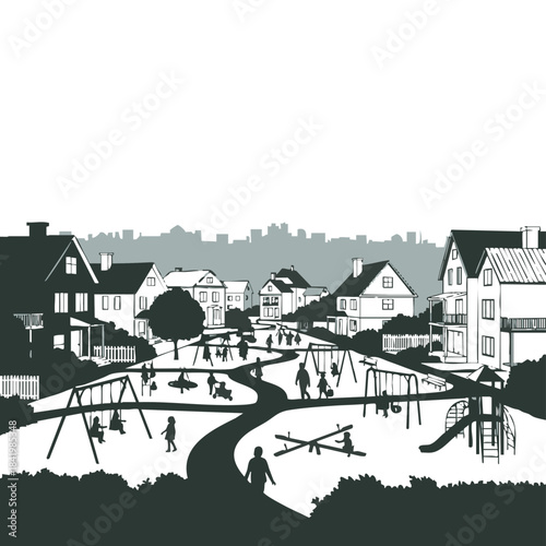 Silhouetted scene of a lively playground in a residential neighborhood with children playing.