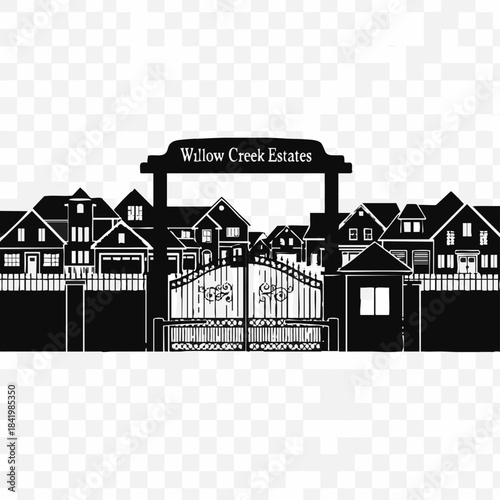 Silhouette of gated residential community entrance with houses and sign.
