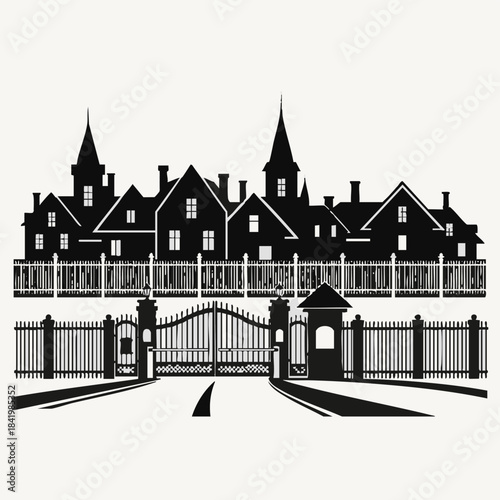 Silhouette of a gated residential neighborhood with multiple houses and fences.