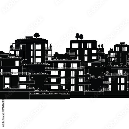Silhouette of modern multi-story residential buildings with balconies and rooftop greenery.