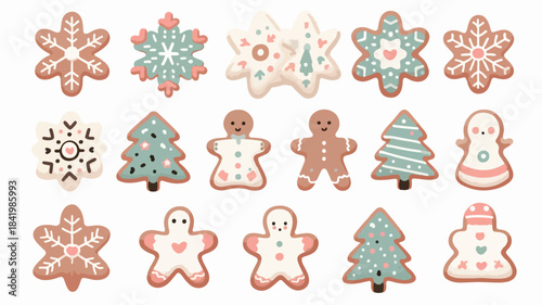 Cute Gingerbread Christmas Cookies Collection with Trees, Snowflakes and Characters
