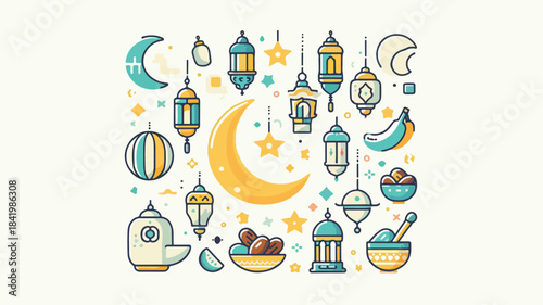 Ramadan Icon Set with Crescent Moon, Lanterns, Dates, Food and Islamic Decorations