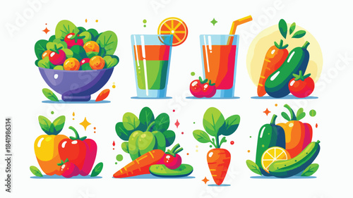 Colorful Fresh Fruits and Vegetables Illustration with Juices and Healthy Food Icons