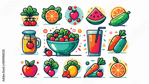 Colorful Healthy Fruits and Vegetables Icons with Fresh Salad and Juice