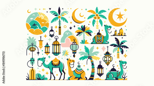 Colorful Ramadan Illustration with Camels, Lanterns, Mosques and Palm Trees