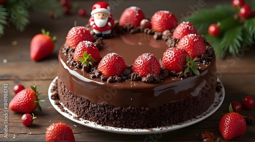 A decadent slice of rich chocolate cake topped with fresh strawberries, glowing under soft golden light
