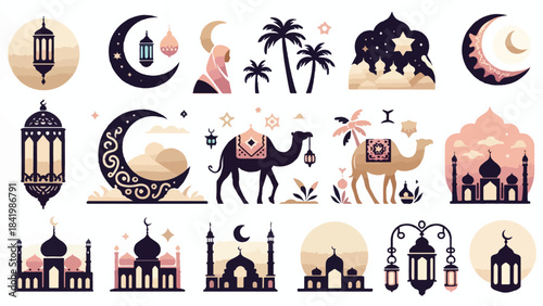 Ramadan Desert Illustration Set – Mosque, Crescent Moon, Lanterns, Camels & Islamic Elements