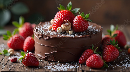 A decadent slice of rich chocolate cake topped with fresh strawberries, glowing under soft golden light