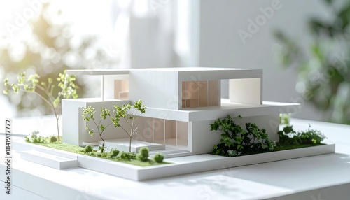 白い台上に配置された住宅模型が建築工作として整然と並ぶ様子