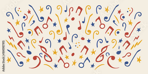 Colorful musical notes and symbols scattered across a cream background