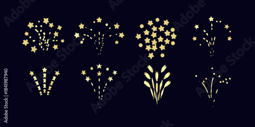 Golden sparkling star clusters and light effects on a dark background