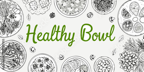 A vibrant collection of sketched food bowls and fresh botanical elements