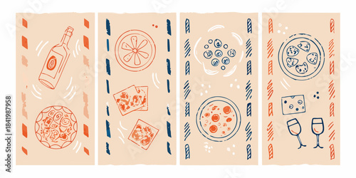 Stylized illustrations of wine pizza and food items on a beige background