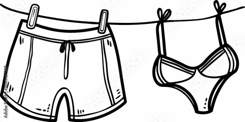 A black and white drawing of swimwear hanging on a clothesline