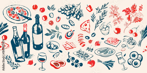 A delightful sketch featuring wine pizza fruits and various culinary elements