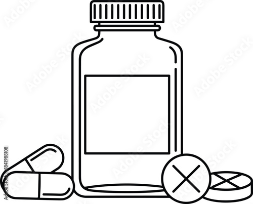Outline illustration of a blank medicine bottle, a pharmaceutical capsule, and a tablet marked with an X, symbolizing medication, drug prescription, and refusal icons.