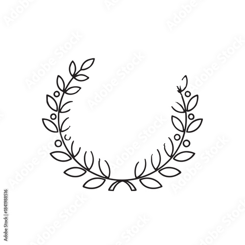 Simple black and white laurel wreath illustration with leaves.