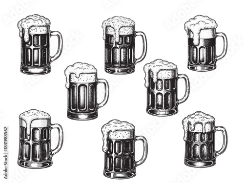 Traditional Beer Mug with Foam Vintage Black Line Engraving