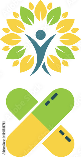 Vibrant icon set illustrating holistic wellness and pharmaceutical health, featuring a person surrounded by leaves and crossed capsules, symbolizing natural supplements and vitality.