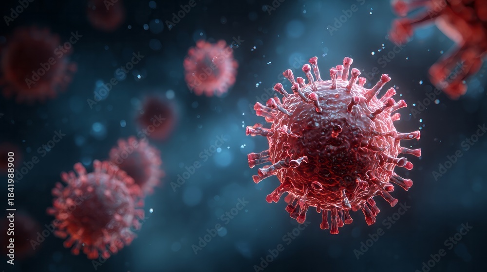 Obraz premium Microscopic view of spherical virus particles with spike proteins.