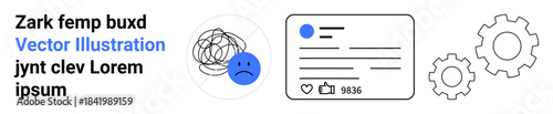 Social media awareness, digital stress, online communication, user interface, mental health, productivity. Sad face with tangle, user profile gears. Social media awareness and digital stress concept