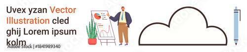 Data visualization, cloud services, office tools, business planning, digital storage, workplace concepts. Man presenting data on a chart, next to a cloud and pen. Data visualization and cloud