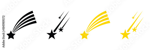 Shooting star with glowing trail, wish and dream symbol. Bright celestial cosmic object in motion, light blaze streak. Flat vector illustration isolated on white background. EPS 10