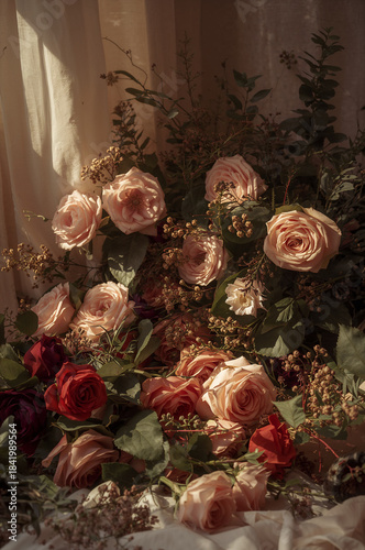 繊細なバラと葉の構成が印象的なフェミニンブランド向けロマンチックフローラル背景. 生成AI