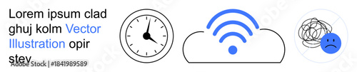 Time tracking, cloud computing, emotional health, digital stress, mental awareness, productivity. Clock, wireless symbol on cloud sad face with scribble. Time management and cloud computing