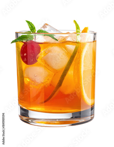 Vibrant jamaican rum punch in a tall glass, featuring its signature red color and fruit slice garnish, isolated on white background